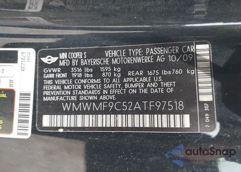 2010 Mini John Cooper Works from USA, damaged, VIN WMWMF9C52ATF97518